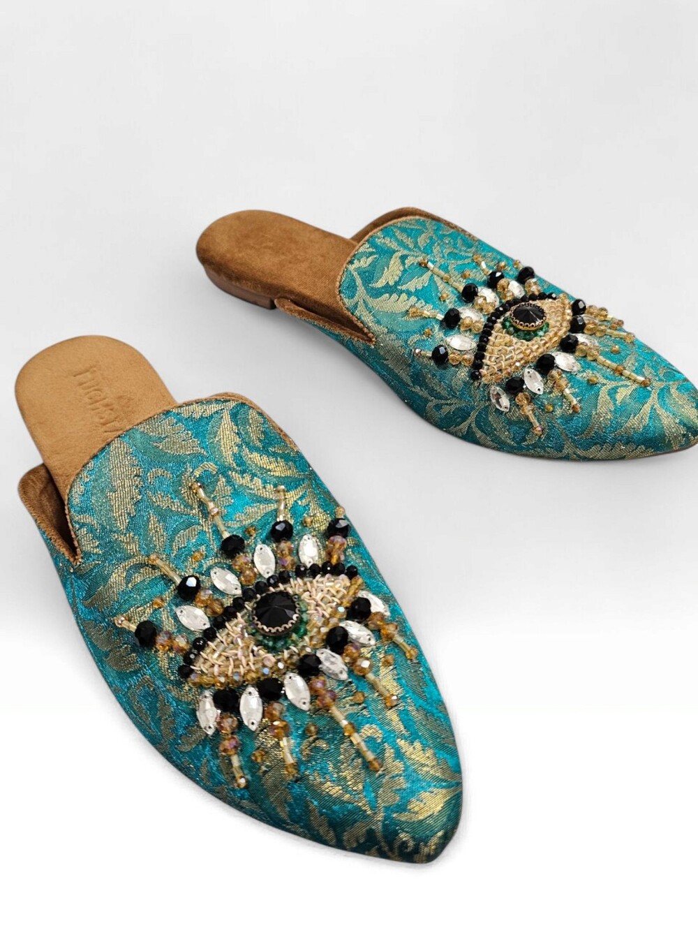 FUCHSIA The Good Eye Embroidered Beaded Teal Green Flat Mules 8.5-9M